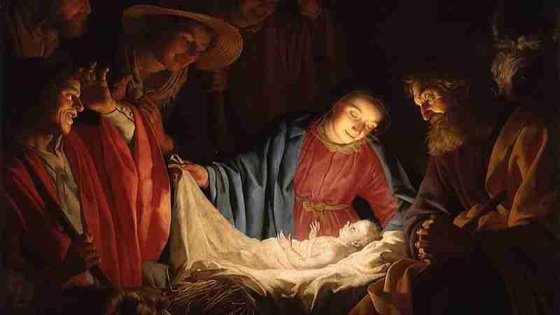 A Nativity scene; men and animals surround Mary and newborn Jesus, who are covered in light, tags: maria und - CC BY-SA