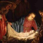 A Nativity scene; men and animals surround Mary and newborn Jesus, who are covered in light, tags: maria und - CC BY-SA